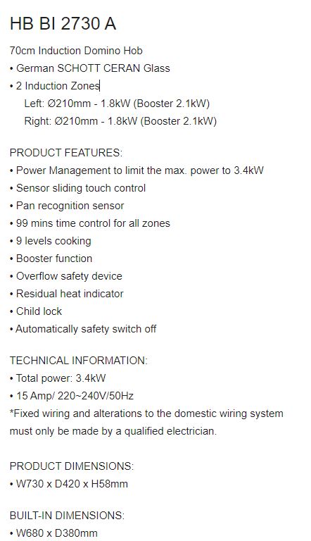 EF 2 Zones Induction Hob HB BI 2730 A