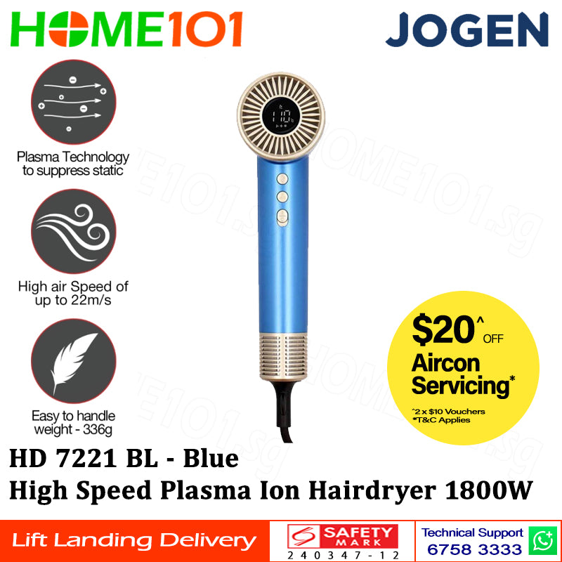 Jogen High Speed Plasma Ion Hairdryer 1800W HD 7221 BL || HD 7221 GY || HD 7221 PK || HD 7221 PR