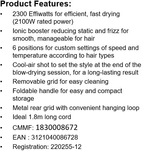 Tefal Studio Dry Power Foldable Hair Dryer HV5883