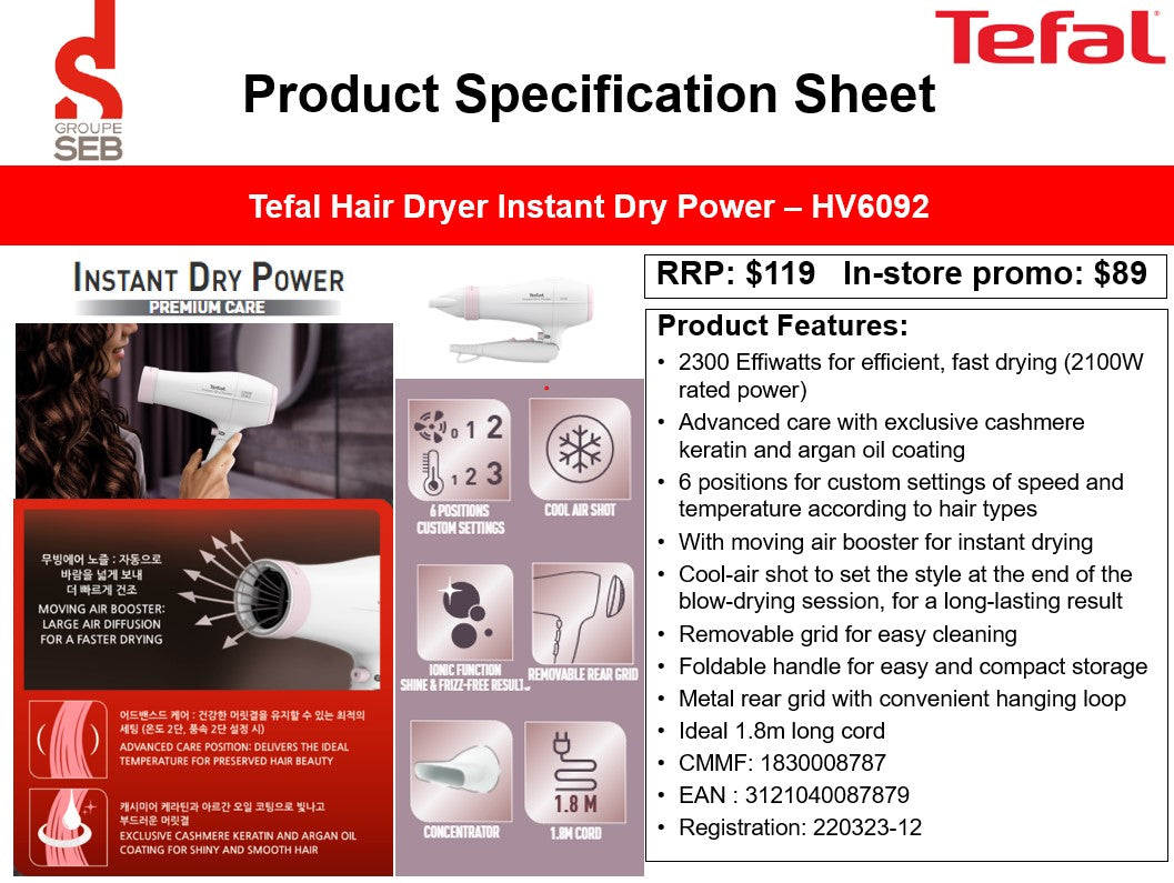 Tefal Instant Dry Power Hair Dryer HV6092