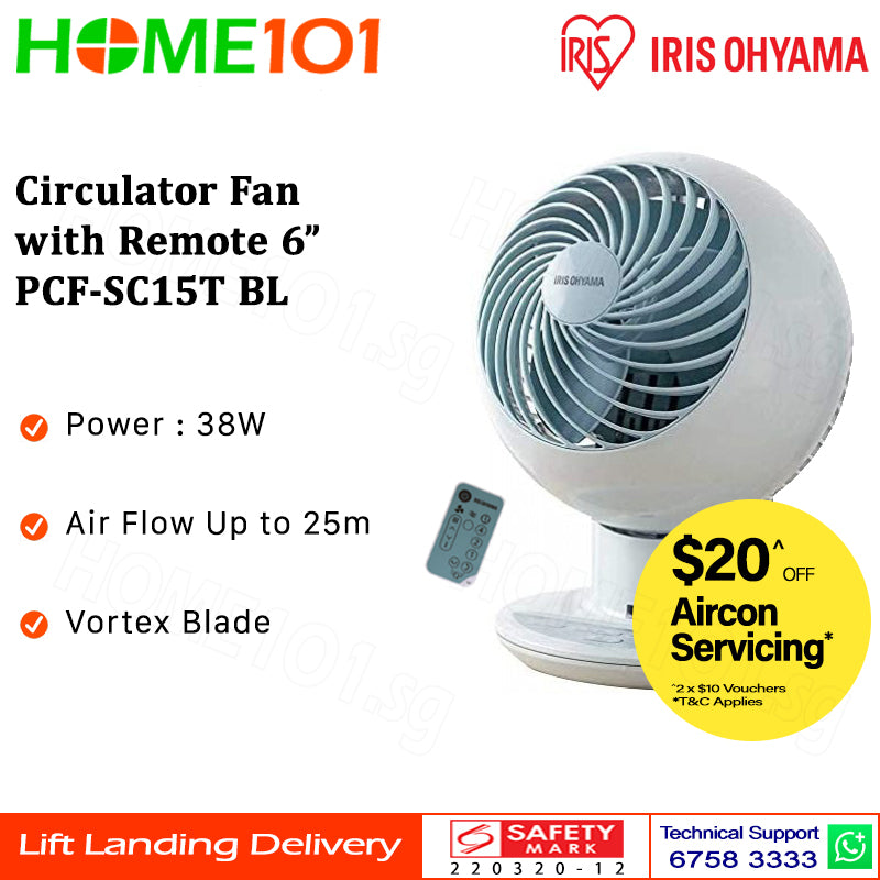 Iris Ohyama Circulator Fan with Remote 6" PCF-SC15T Blue