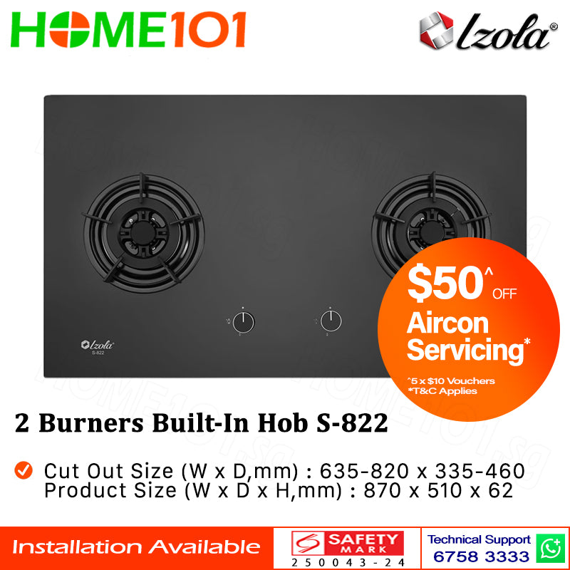 Izola Tempered Glass Built-In Hob 2 Burners S-822 - LPG / PUB - FREE INSTALLATION
