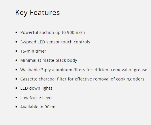 Tecno Matte Black Chimney Hood 90cm KA 2238BK