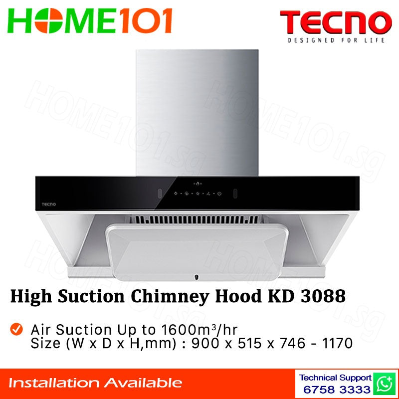 Tecno High Suction Chimney Hood 90cm KD 3088