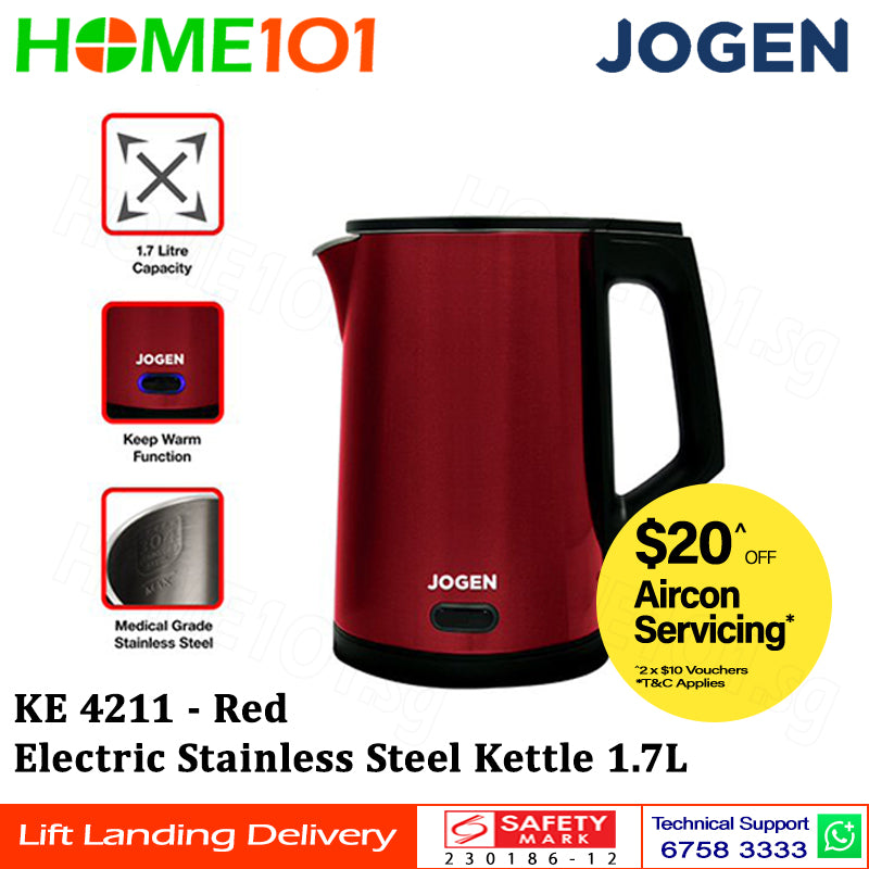 Jogen Electric Stainless Steel Kettle 1.7L KE 4211 - Red || KE 4212 - Blue