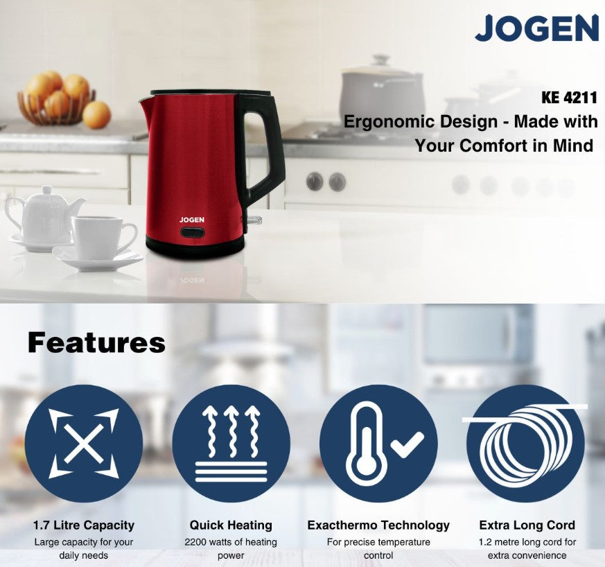 Jogen Electric Stainless Steel Kettle 1.7L KE 4211 - Red || KE 4212 - Blue