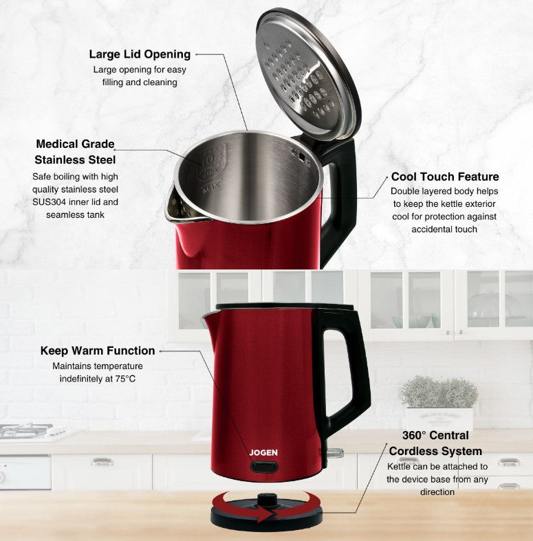 Jogen Electric Stainless Steel Kettle 1.7L KE 4211 - Red || KE 4212 - Blue