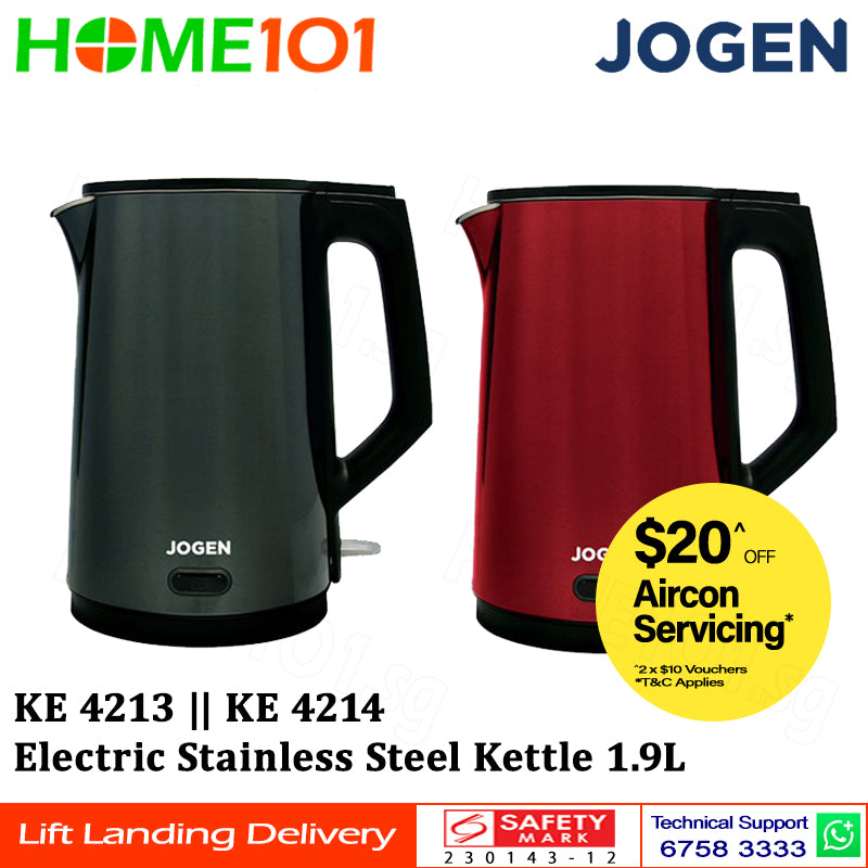 Jogen Electric Stainless Steel Kettle 1.9L KE 4213 - Red || KE 4214 - Green
