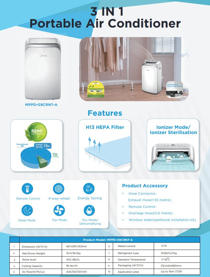 Midea Portable Aircon 9000BTU MPPD-09CRN7-A