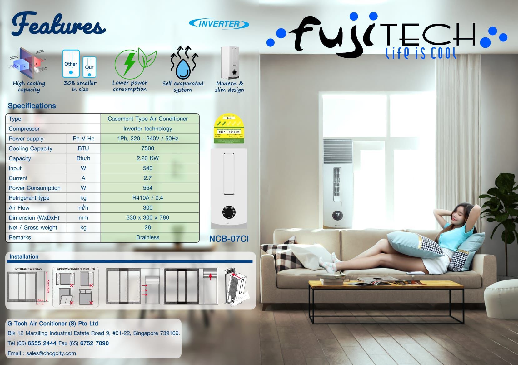 Fujitech Inverter Casement Aircon 7500BTU NCB-07CI