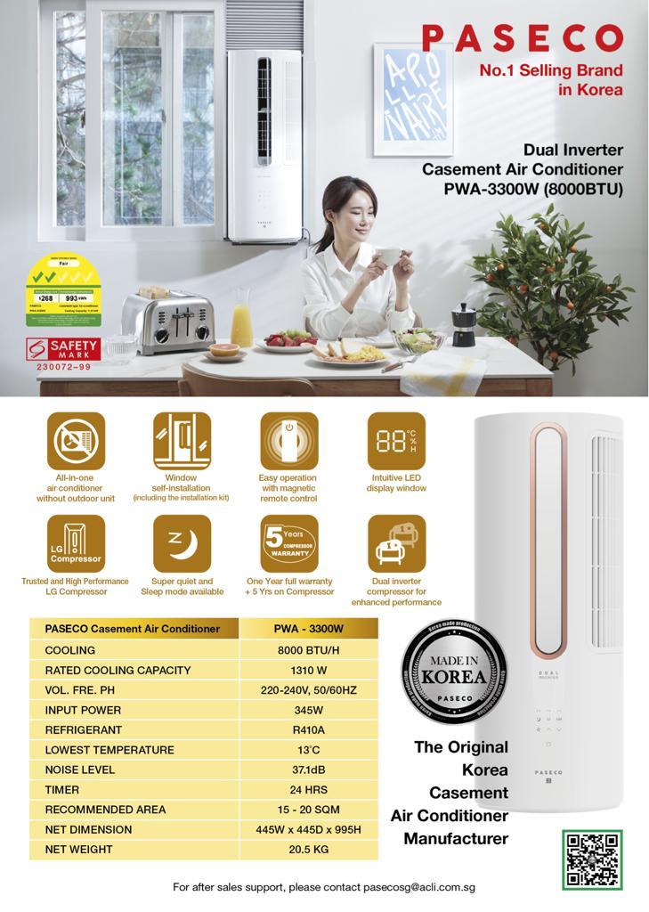 Paseco Vertical Casement Aircon 8000BTU PWA-3300W