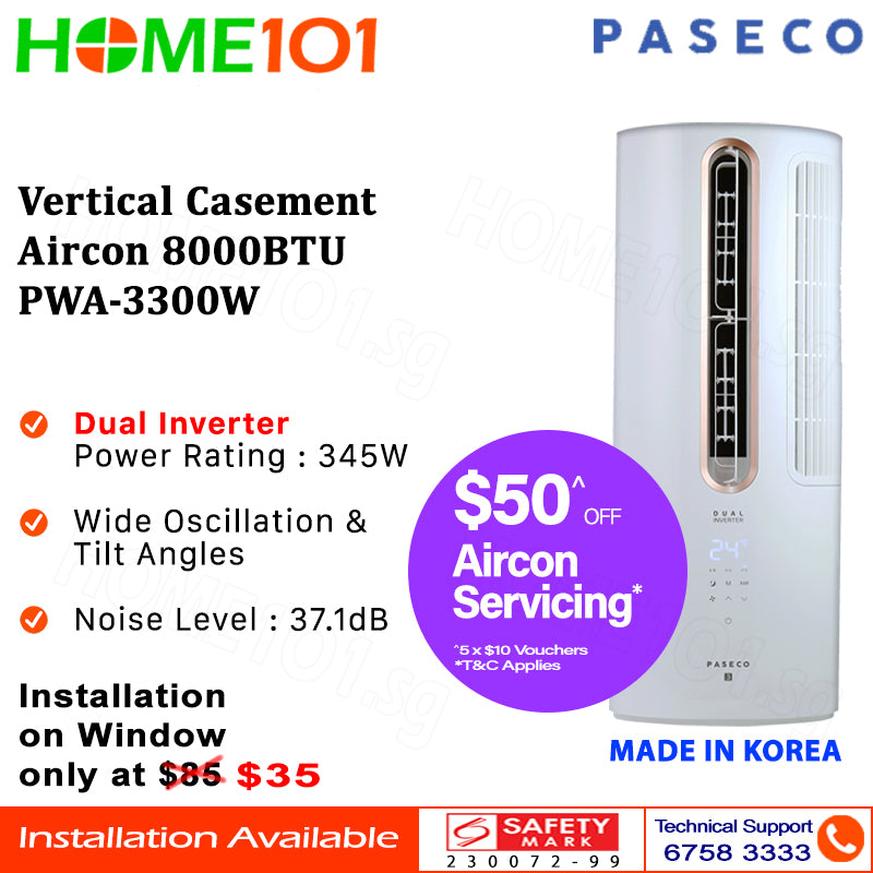 Paseco Vertical Casement Aircon 8000BTU PWA-3300W *INSTALL $35.00