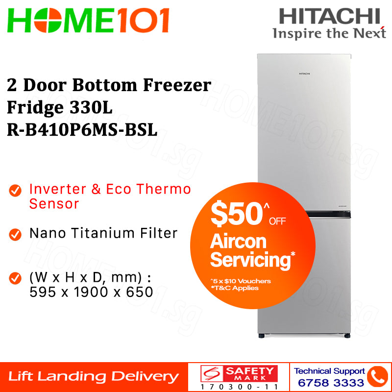 Hitachi 2 Door Bottom Freezer Fridge 330L R-B410P6MS
