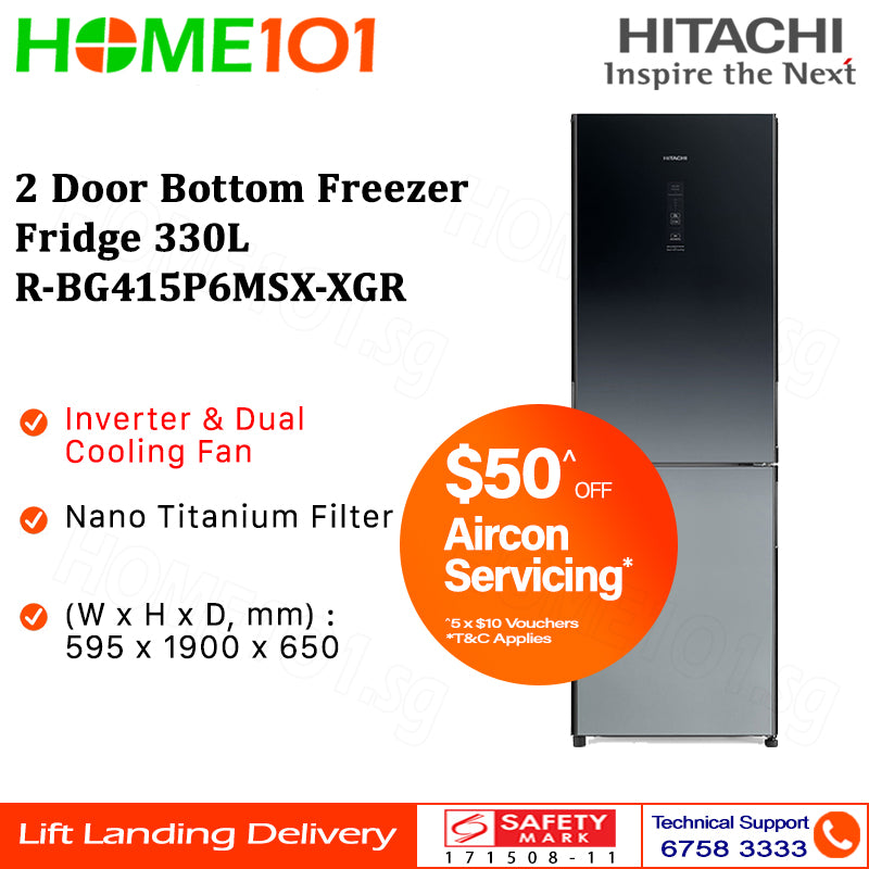 Hitachi 2 Door Bottom Freezer Fridge 330L R-BG415P6MSX