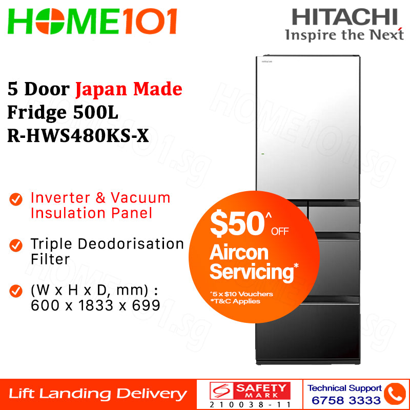 Hitachi 5 Door Japan Made Fridge 500L R-HWS480KS