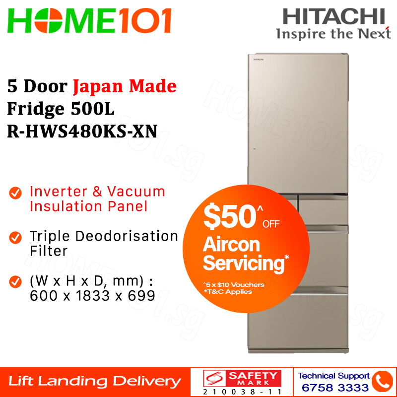 Hitachi 5 Door Japan Made Fridge 500L R-HWS480KS