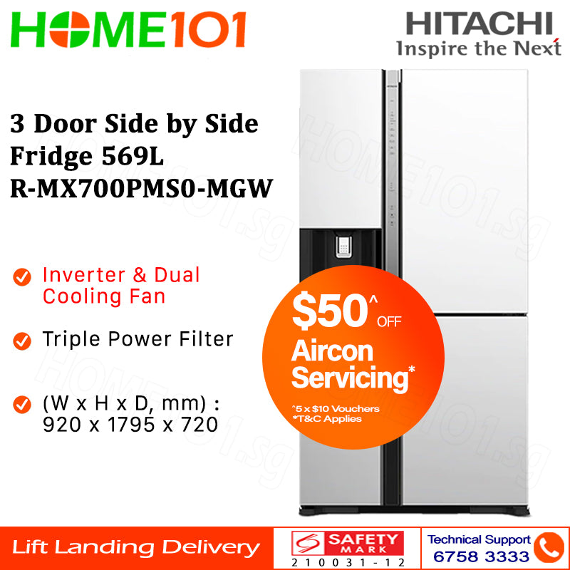 Hitachi 3 Door Side by Side Fridge 569L R-MX700PMS0-MGW