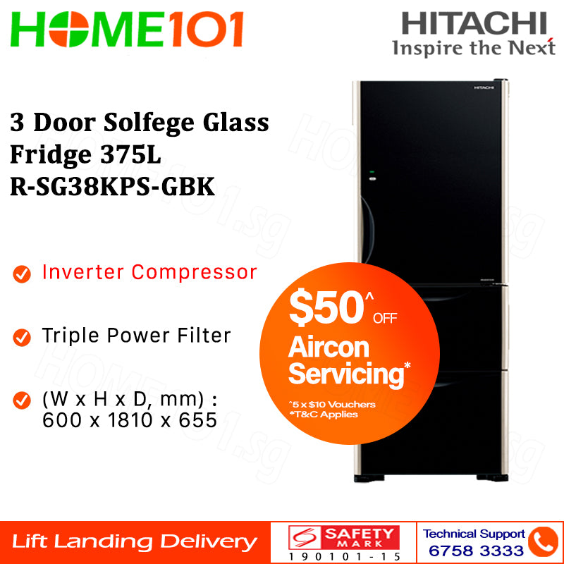 Hitachi 3 Door Solfege Glass Fridge 375L R-SG38KPS