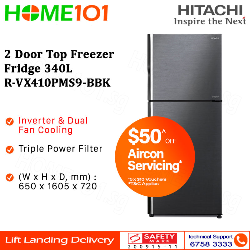 Hitachi 2 Door Top Freezer Fridge 340L R-VX410PMS9