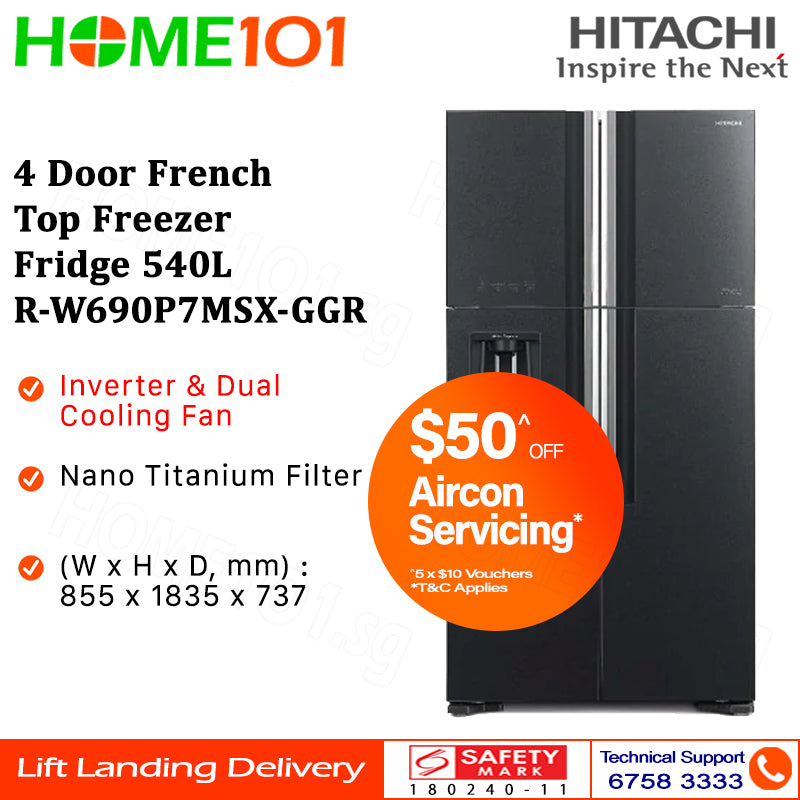 Hitachi 4 Door French Top Freezer Fridge 540L R-W690P7MSX