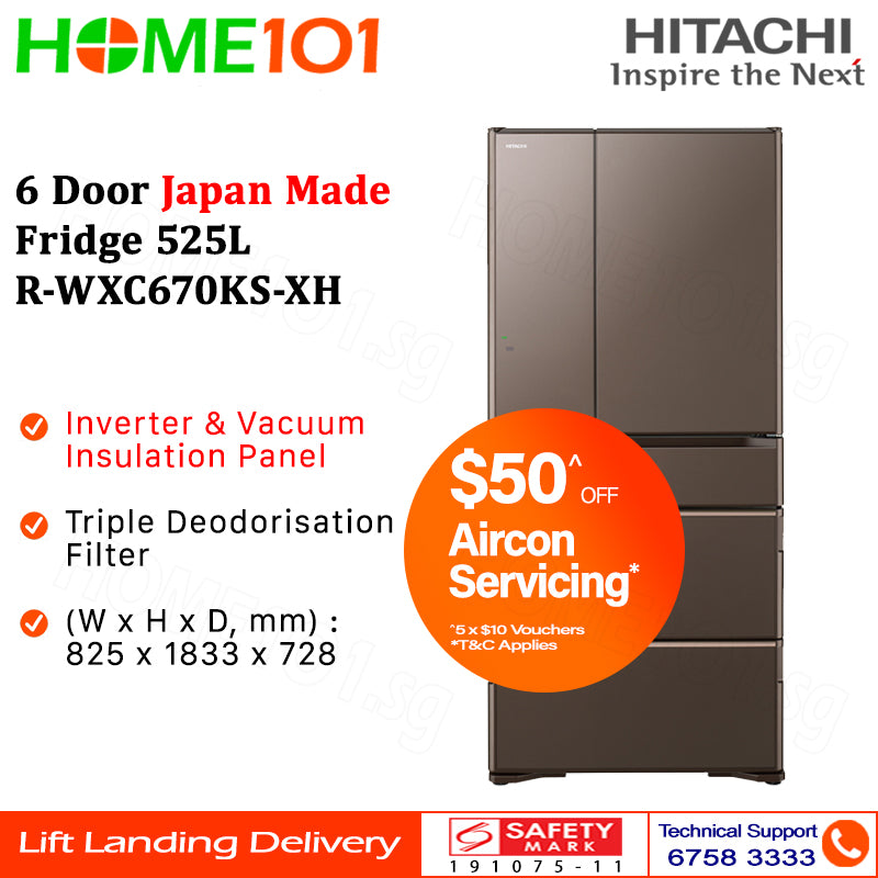 Hitachi 6 Door Japan Made Fridge 525L R-WXC670KS
