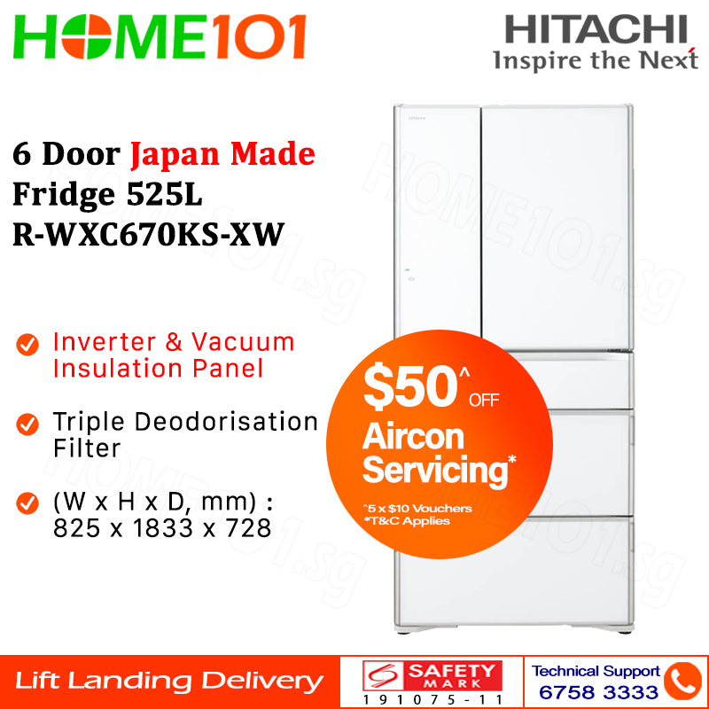 Hitachi 6 Door Japan Made Fridge 525L R-WXC670KS