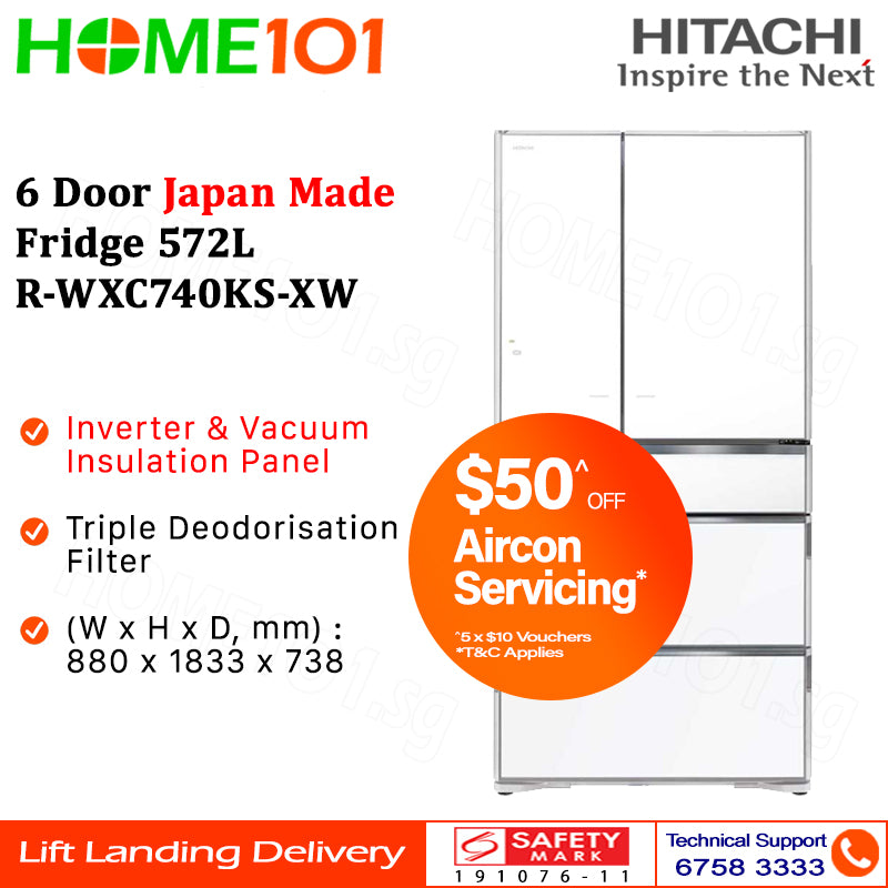 Hitachi 6 Door Japan Made Fridge 572L R-WXC740KS
