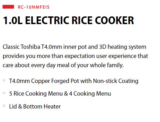 Toshiba Electric Rice Cooker 1.0L RC-10NMFEIS