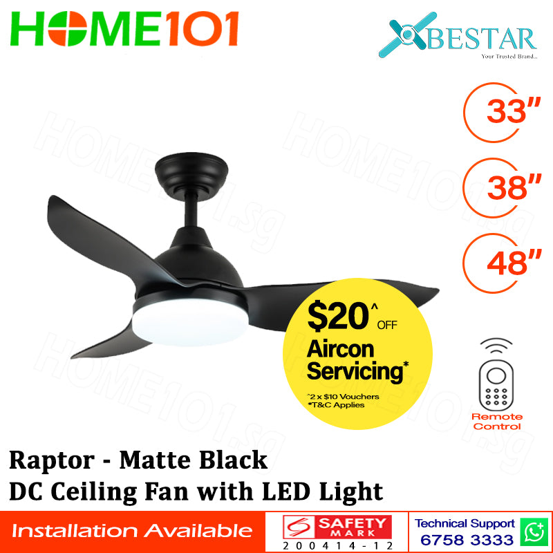 ($1 REPLACEMENT) Bestar DC Motor Ceiling Fan with Remote Control & Light 33ā/38"/48" Raptor