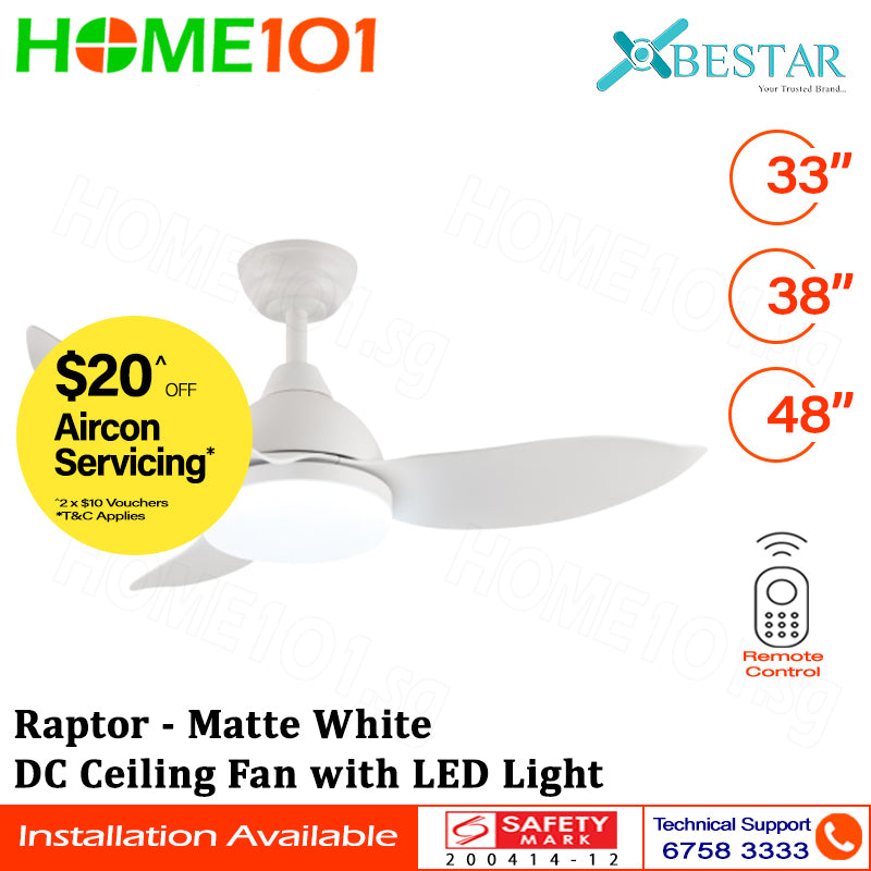 Bestar DC Motor Ceiling Fan with Remote Control & Light 33”/38"/48" Raptor