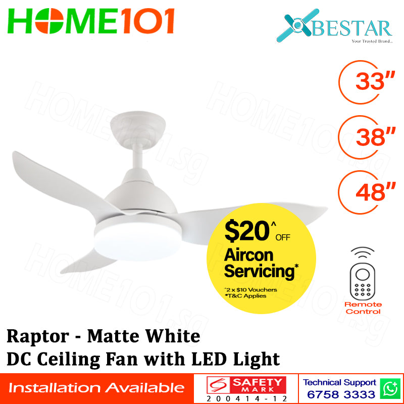 ($1 REPLACEMENT) Bestar DC Motor Ceiling Fan with Remote Control & Light 33ā/38"/48" Raptor