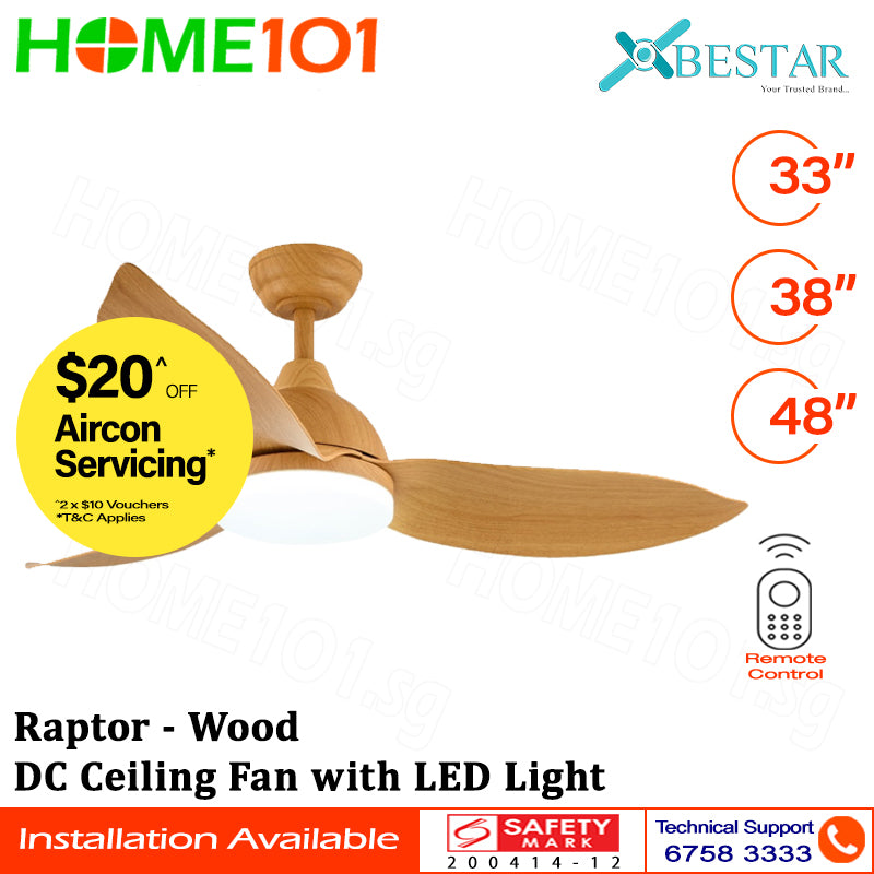 Bestar DC Motor Ceiling Fan with Remote Control & Light 33”/38"/48" Raptor