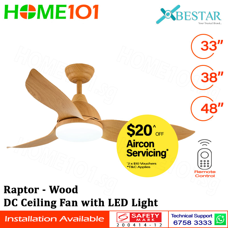 ($1 REPLACEMENT) Bestar DC Motor Ceiling Fan with Remote Control & Light 33ā/38"/48" Raptor