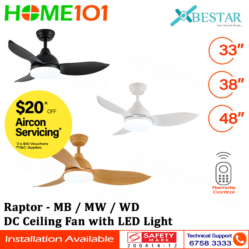 Bestar DC Motor Ceiling Fan with Remote Control & Light 33”/38"/48" Raptor