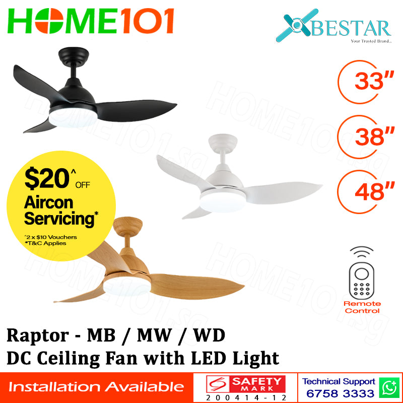 ($1 REPLACEMENT) Bestar DC Motor Ceiling Fan with Remote Control & Light 33ā/38"/48" Raptor