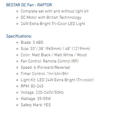 Bestar DC Motor Ceiling Fan with Remote Control & Light 33”/38"/48" Raptor