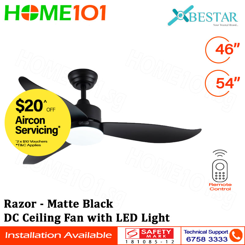 Bestar DC Motor Ceiling Fan with Remote Control & Light 46"/54” Razor