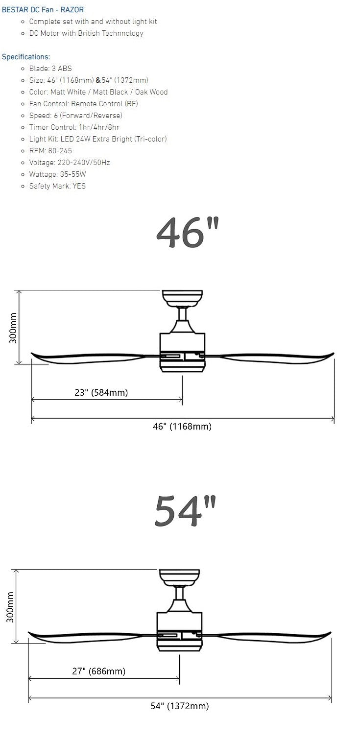 Bestar DC Motor Ceiling Fan with Remote Control & Light 46"/54” Razor