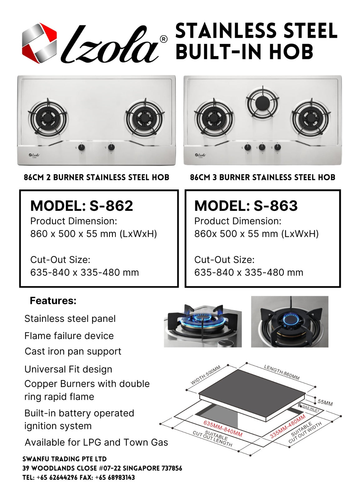 Izola Stainless Steel Built-In Hob 3 Burners S-863 - LPG / PUB - FREE INSTALLATION