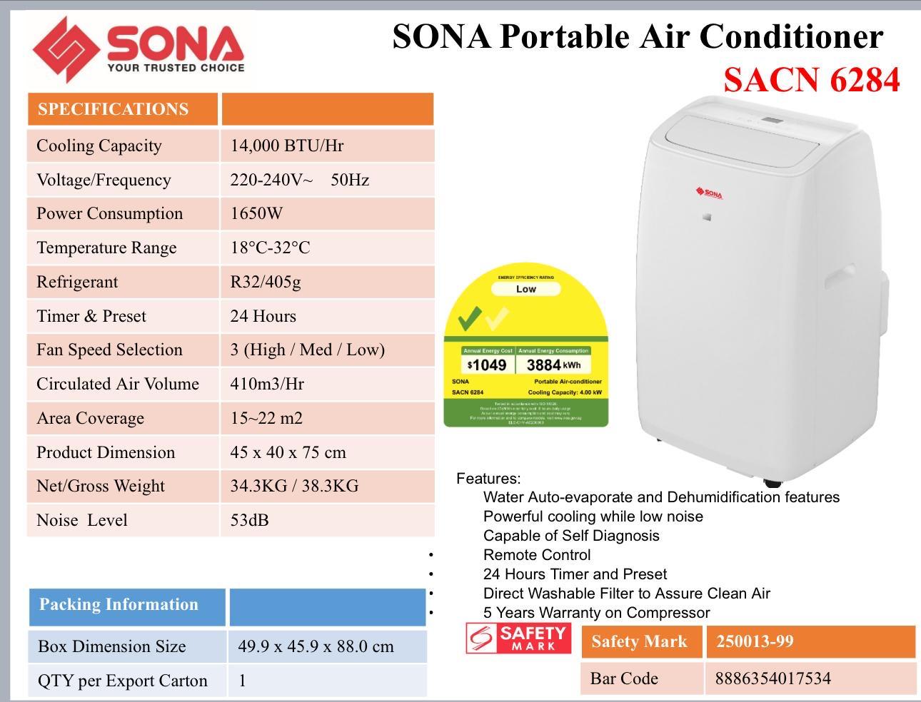 Sona Portable Aircon 14000BTU SACN 6284