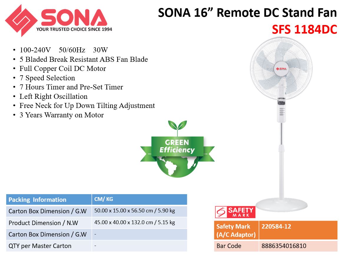 Sona DC Stand Fan with Remote 16" SFS 1184DC