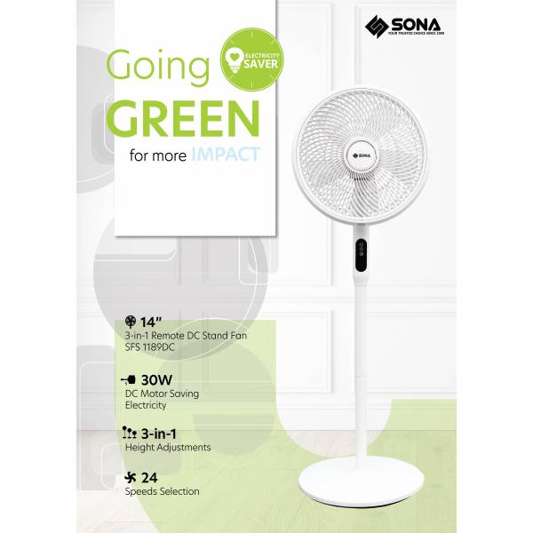 Sona 3In1 DC Stand Fan 14" with Remote SFS 1189DC