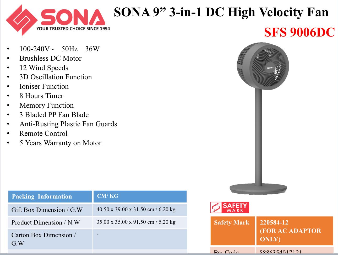 Sona 3in1 DC High Velocity Fan 9" SFS 9006DC