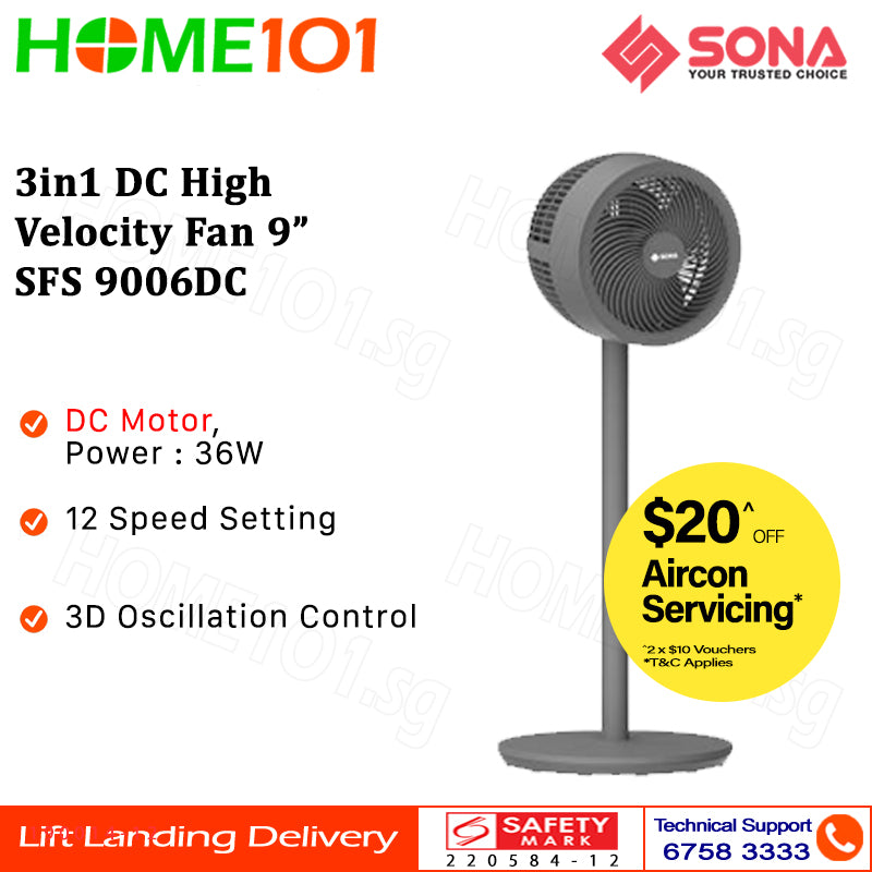Sona 3in1 DC High Velocity Fan 9" SFS 9006DC