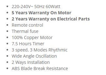 Sona Wall Fan with Remote Control 16" SFW 1528