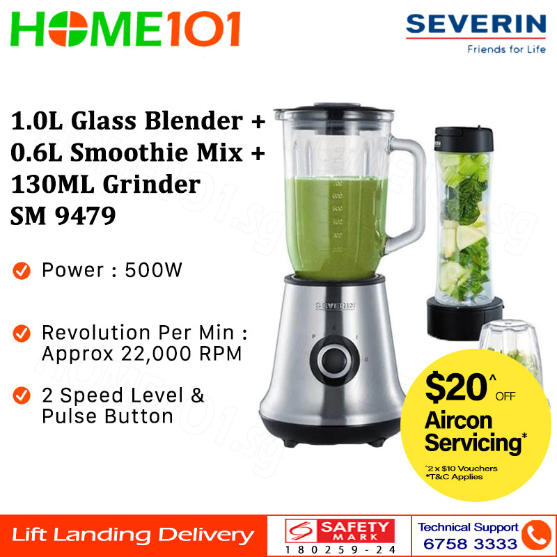 Severin 1.0L Glass Blender + 0.6L Smoothie Mix + 130ML Grinder SM 9479