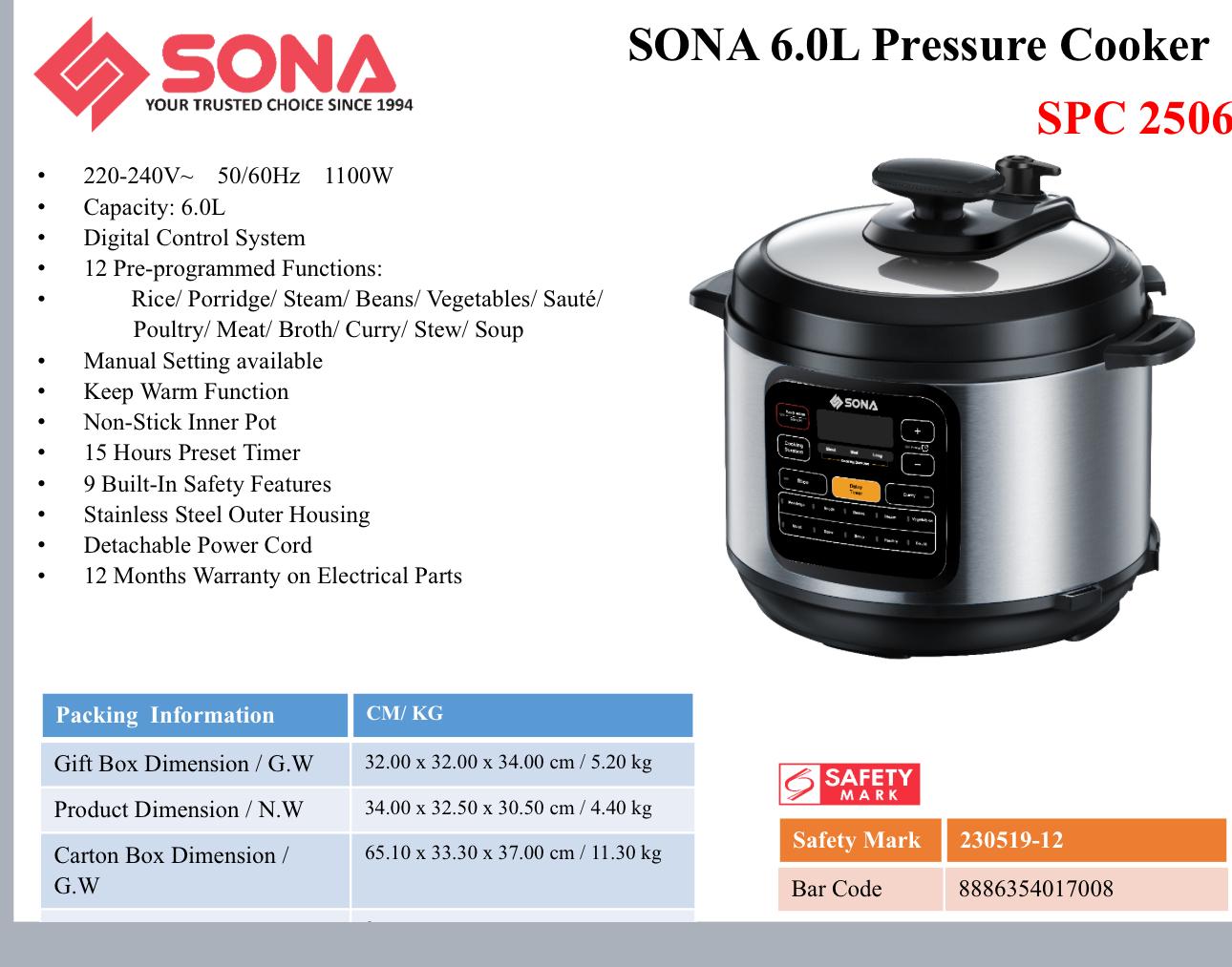 Sona Pressure Cooker 6.0L SPC 2506