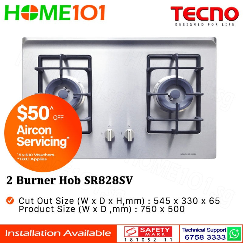 Tecno Stainless Steel Cooker Hob 2 Burners SR828SV - LPG / PUB - FREE INSTALLATION
