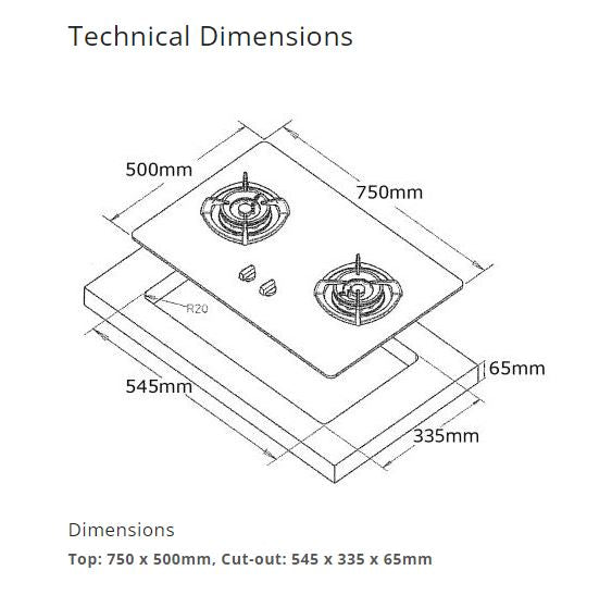 Tecno Stainless Steel Cooker Hob 2 Burners SR828SV - LPG / PUB - FREE INSTALLATION