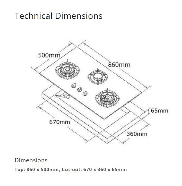 Tecno Stainless Steel Cooker Gas Hob 3 Burners SR 883SV I SR883SV - LPG / PUB - FREE INSTALLATION